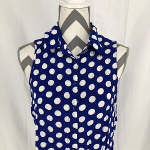 Unique Spectrum Sleeveless Blue White Polka Dot Button Front Blouse Large